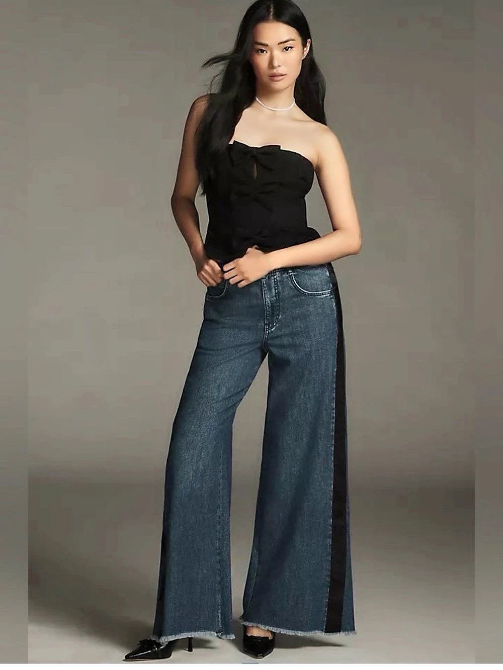 Pilcro The Adi Wide Leg Jeans in Blue & Black tuxedo stripe Waist 26